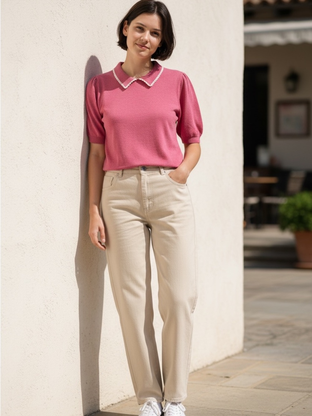 Appleseed’s Pink Short Sleeve Sweater - Scalloped Lace Collar - Size M